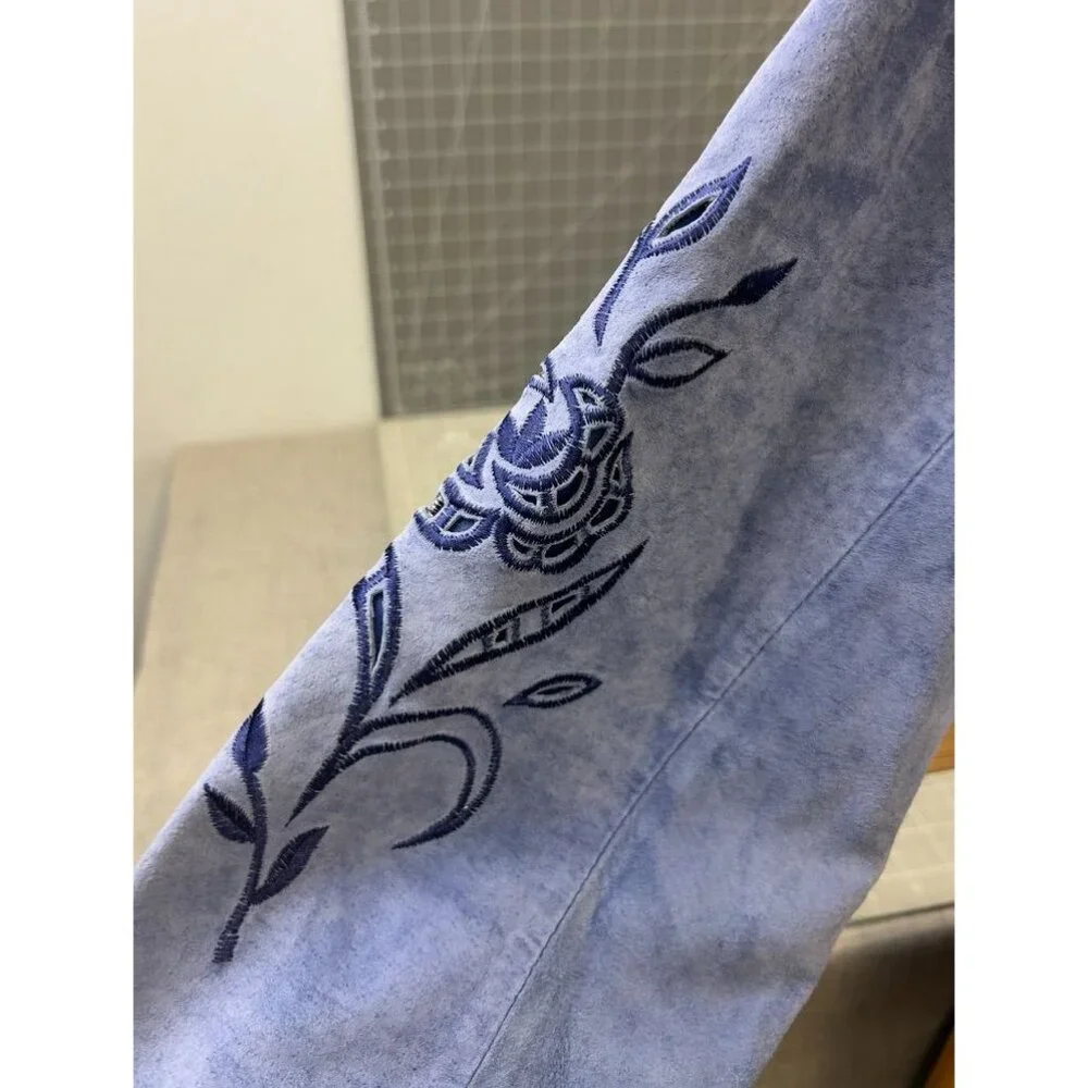 Victor COSTA "Occasion" Women's Leather Jacket Sz. M Embroidered Cut Out BLUE - Picture 6 of 11